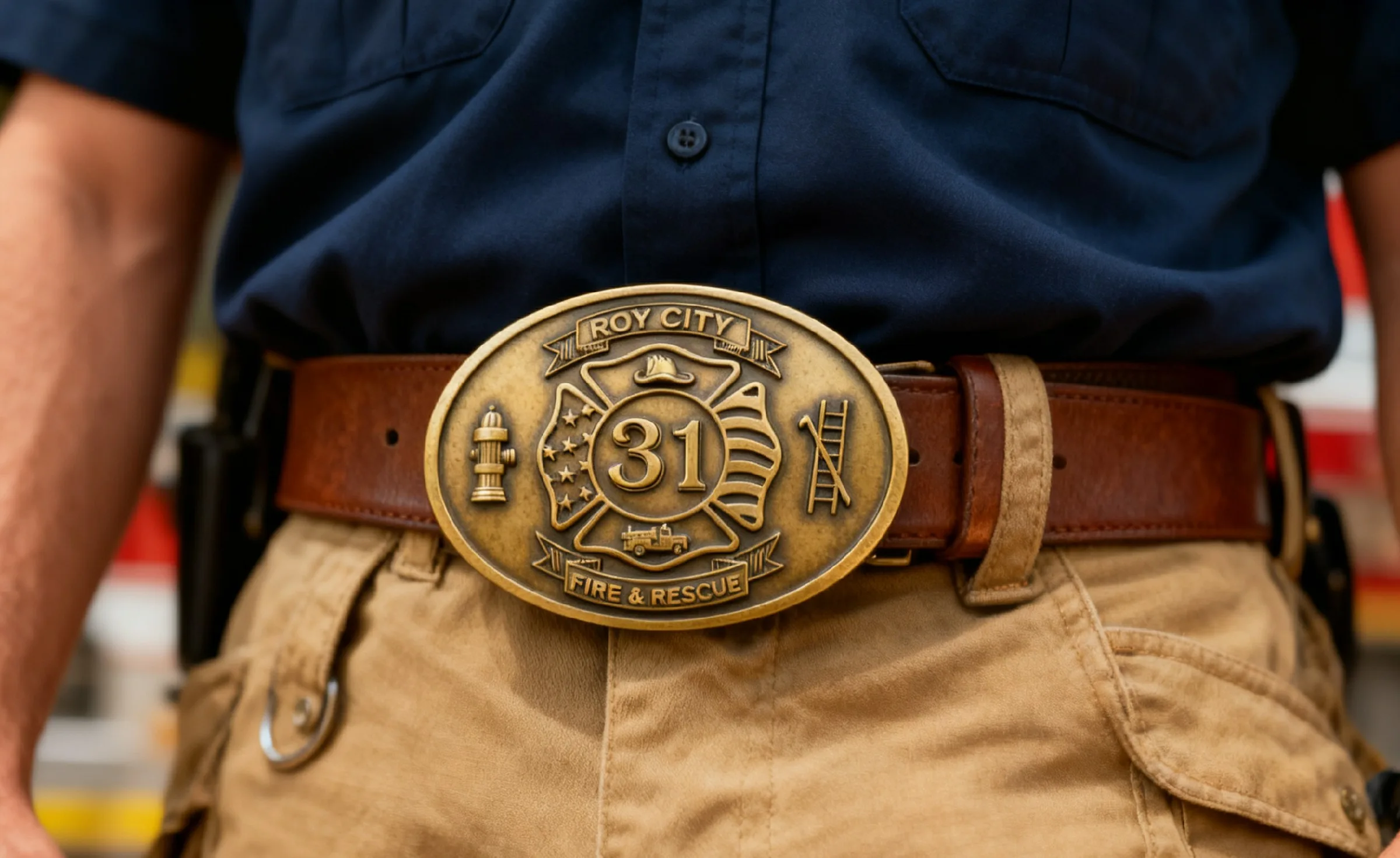 Roy City 31 Fire & Rescue Brass Belt Buckle~1